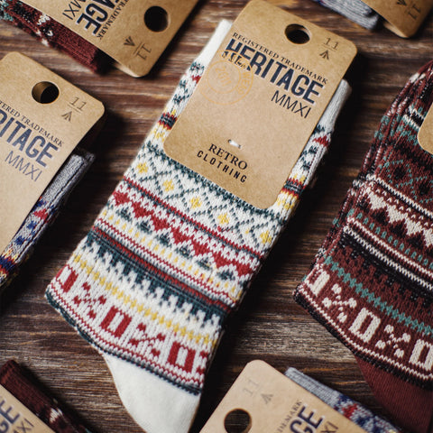 MADEN Herren-Socken im Vintage-Fair-Isle-Muster, 4 Paar, mittelhoch, warm, gestrickt, für Herbst, Winter und Weihnachten 