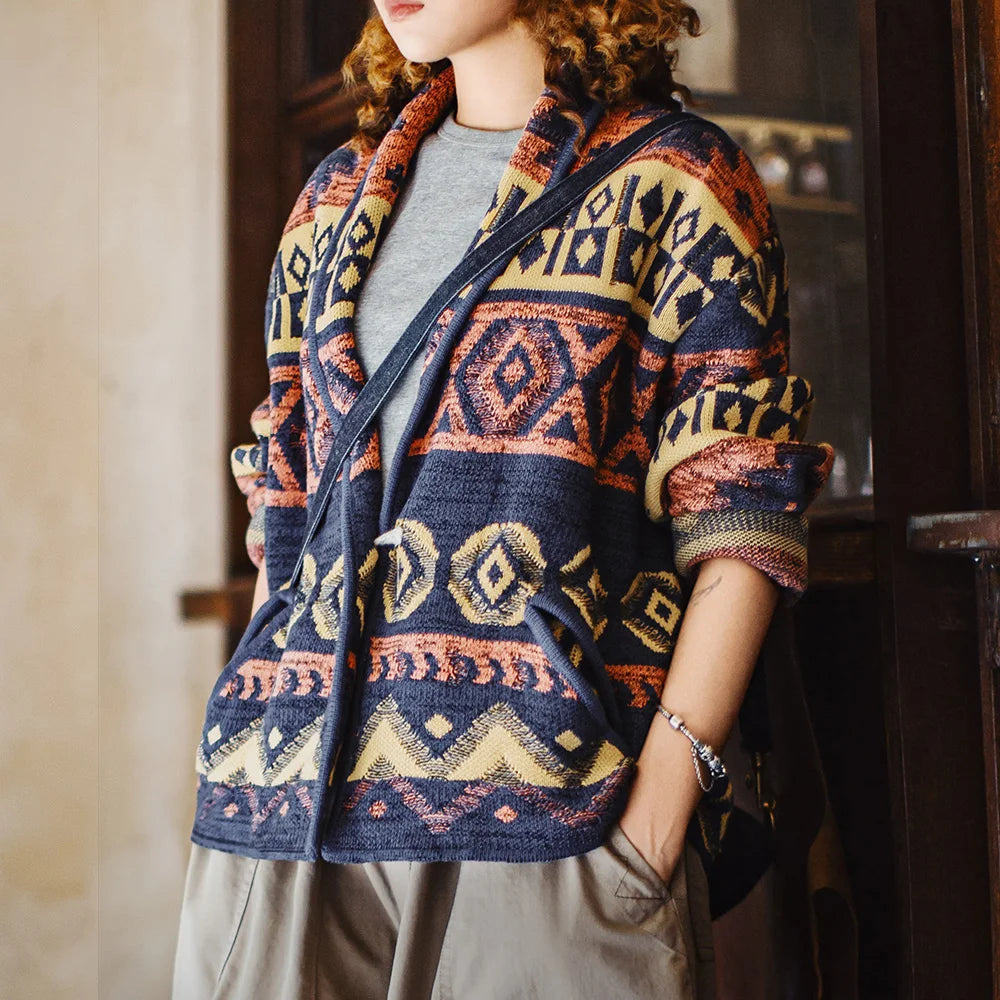 Chaqueta de punto vintage para mujer MADEN estilo Navajo con cierre de palanca, cuello en V, ajuste holgado, prenda de punto con diseño retro para otoño