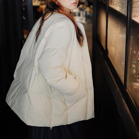 MADEN Damen-Daunenmantel ohne Kragen, 90% weiße Entendaunenjacke, mittellang, dicker, warmer Damen-Wintermantel 