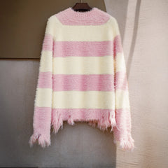 MADEN Women's Korean Style Pink Striped Knit Sweater Mock Neck Soft Fluffy Loose Fit Pullover Warm  Autumn Winter Top