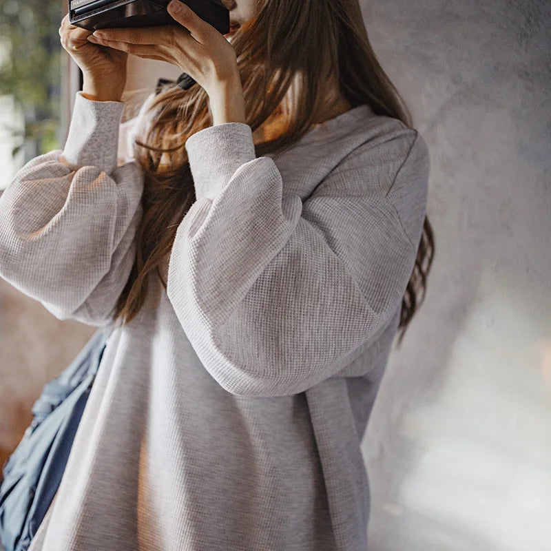MADEN Damen-Sweatshirt mit Waffelstrick und Laternenärmeln 