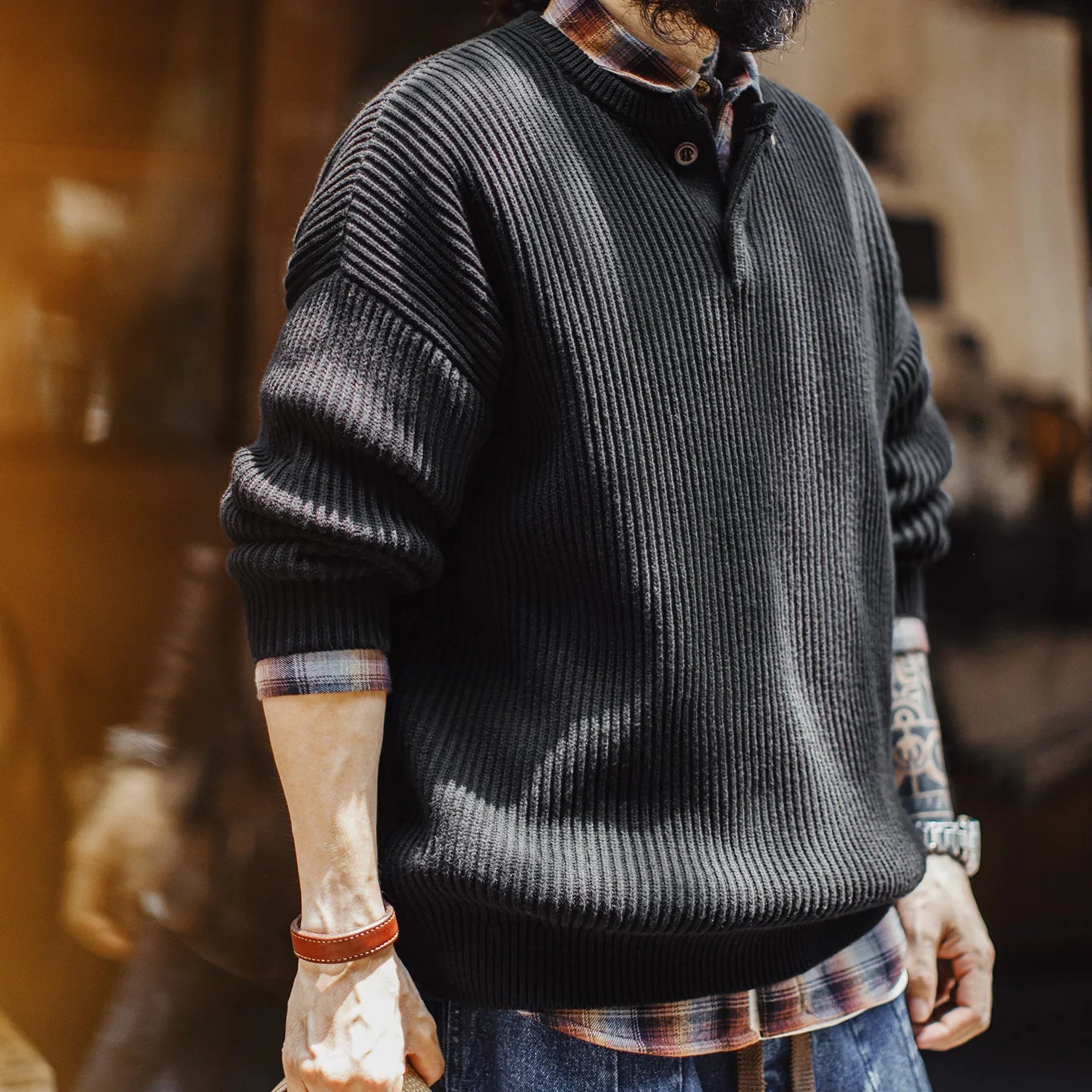 MADEN Retro Schwerer Henley Pullover