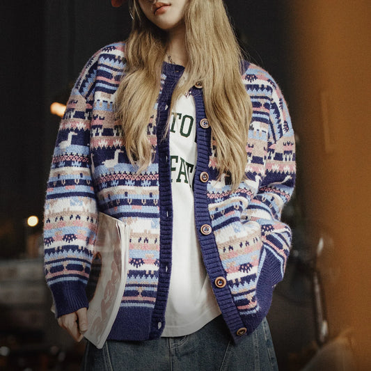 MADEN Fair Isle Jacquard Strickcardigan mit lockerer Passform