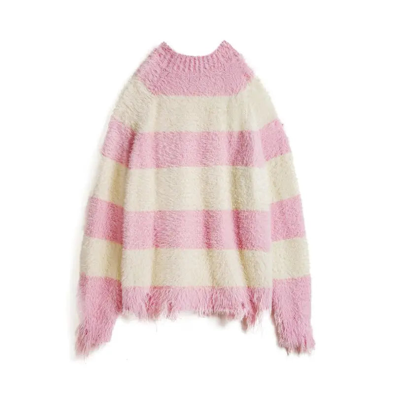MADEN Women's Korean Style Pink Striped Knit Sweater Mock Neck Soft Fluffy Loose Fit Pullover Warm  Autumn Winter Top