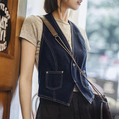 MADEN Débardeur en jean épais style vintage années 2000 pour femme, col V, sans manches, dos nu, bleu, sexy, idéal pour superposer les vêtements d'été. 