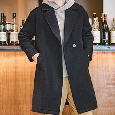 MADEN Men's Vintage Heavyweight Black Woolen Overcoat Fall and Winter Season Thickened Loose Medium-length Versatile Coat