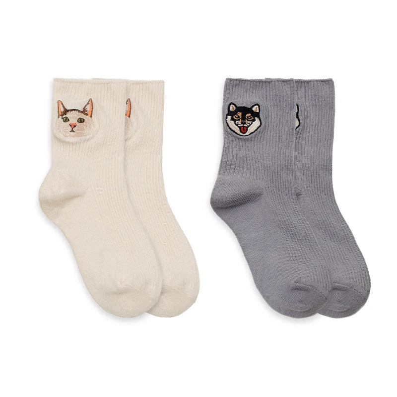 MADEN Niedliche Katze & Hund bestickte Socken