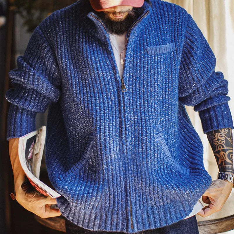 Suéter de punto azul MADEN para hombre con cuello alto, tejido grueso, cierre de cremallera, ropa exterior casual de otoño e invierno