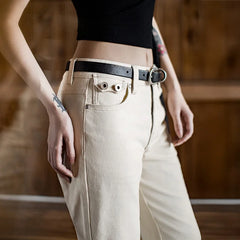 MADEN Damen Freizeithose, mittelhoch geschnitten, vielseitig, beige, 100 % Baumwolle, schmale Passform, ausgestellt, Herbst 