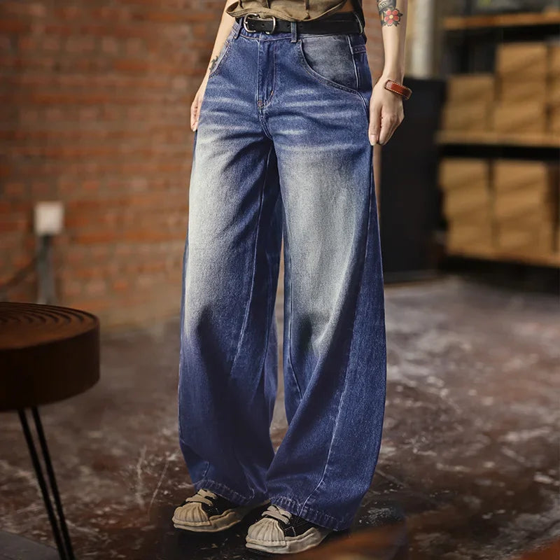 MADEN Women's Retro Loose Fit 10.5oz Washed Distressed Whisker Denim Jeans Casual Streetwear Fall Winter Pants