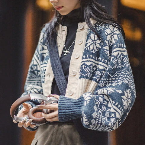 MADEN Damen Fair Isle Strickjacke, Herbst/Winter, warmer Jacquard-Kurzstrickmantel, Langarm-Top 