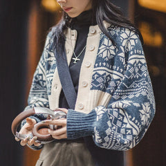 Cárdigan de punto estilo Fair Isle para mujer MADEN, suéter corto jacquard cálido de otoño e invierno, abrigo de manga larga para capas