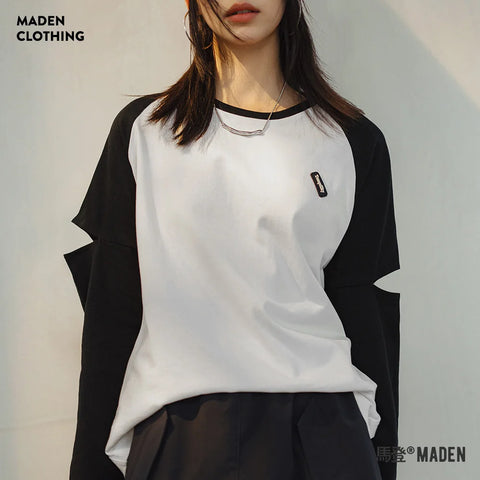 MADEN Retro Contrast Tee Damen Casual Langarm-T-Shirt aus Baumwolle Rundhalsausschnitt Ärmel Broken Hole Design Sweatshirt Vielseitige Oberteile 