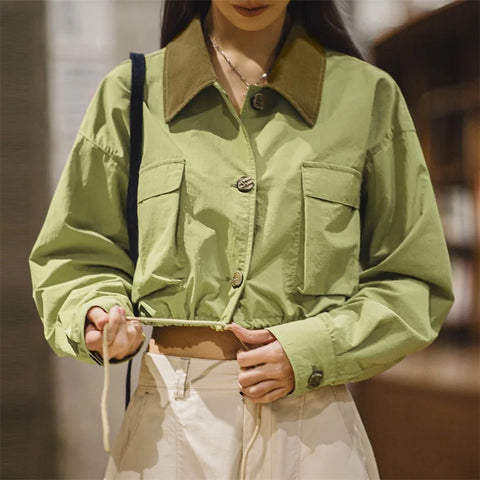 MADEN Vintage Grüne Cordjacke mit mehreren Taschen, Patchwork-Design und fallendem Revers, Damen-Freizeitjacke, einreihig, mit Kordelzug, Safari-Stil 