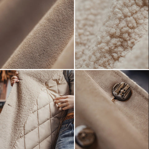 MADEN Damen-Trenchcoat, lang, zweireihig, mit Gürtel, warmes, wollähnliches Futter, Vintage-Baumwolltwill, Herbst-Winter-Oberbekleidung 