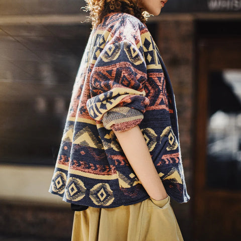 MADEN Damen Vintage Navajo Strickjacke mit Knebelverschluss, V-Ausschnitt, lockerer Passform, Retro-Muster, Strickoberbekleidung für den Herbst 