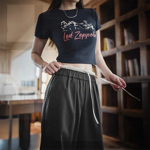 Pantalones de pierna ancha con parches para mujer MADEN, negros, cintura elástica con cordón, pantalones transpirables para oficina, para verano