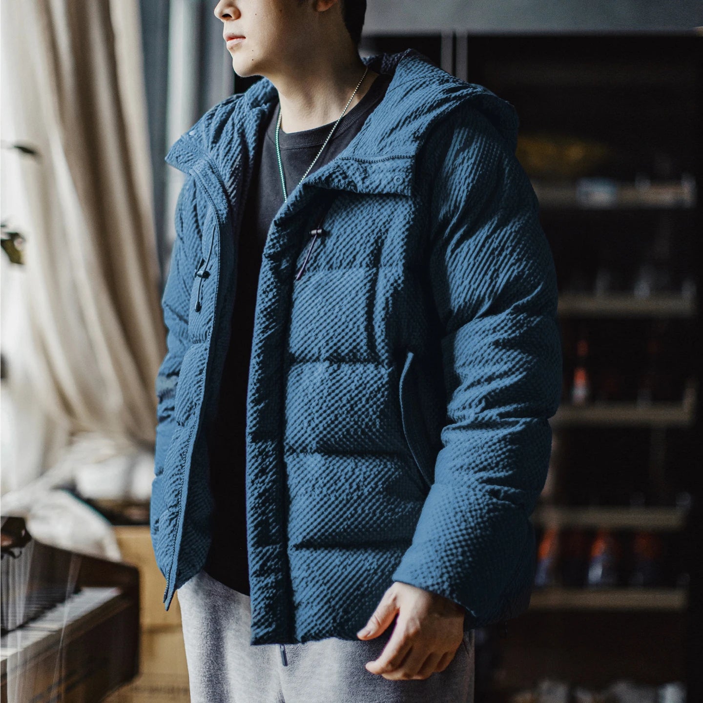 MADEN Seersucker Strukturierte Daunenjacke mit Kapuze