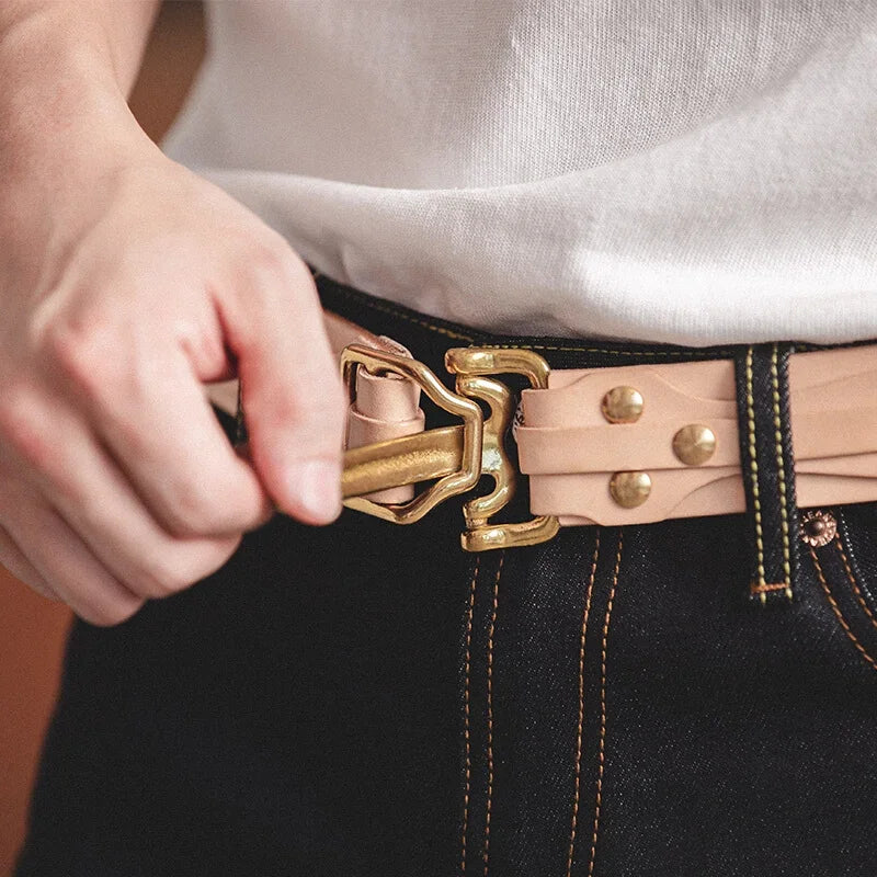 MADEN Full-Grain Leather Belt Brass Buckle