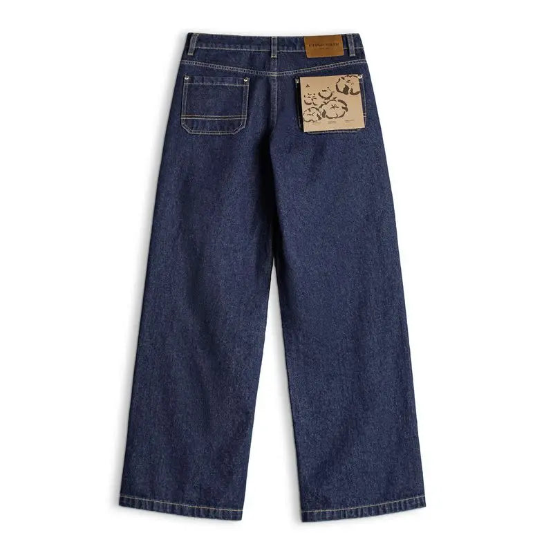 Pantalones de trabajo de mezclilla para hombre MADEN de 10.5 oz, corte recto, casuales, con textura de sarga, cremallera YKK y parche de cuero gamuzado, color azul