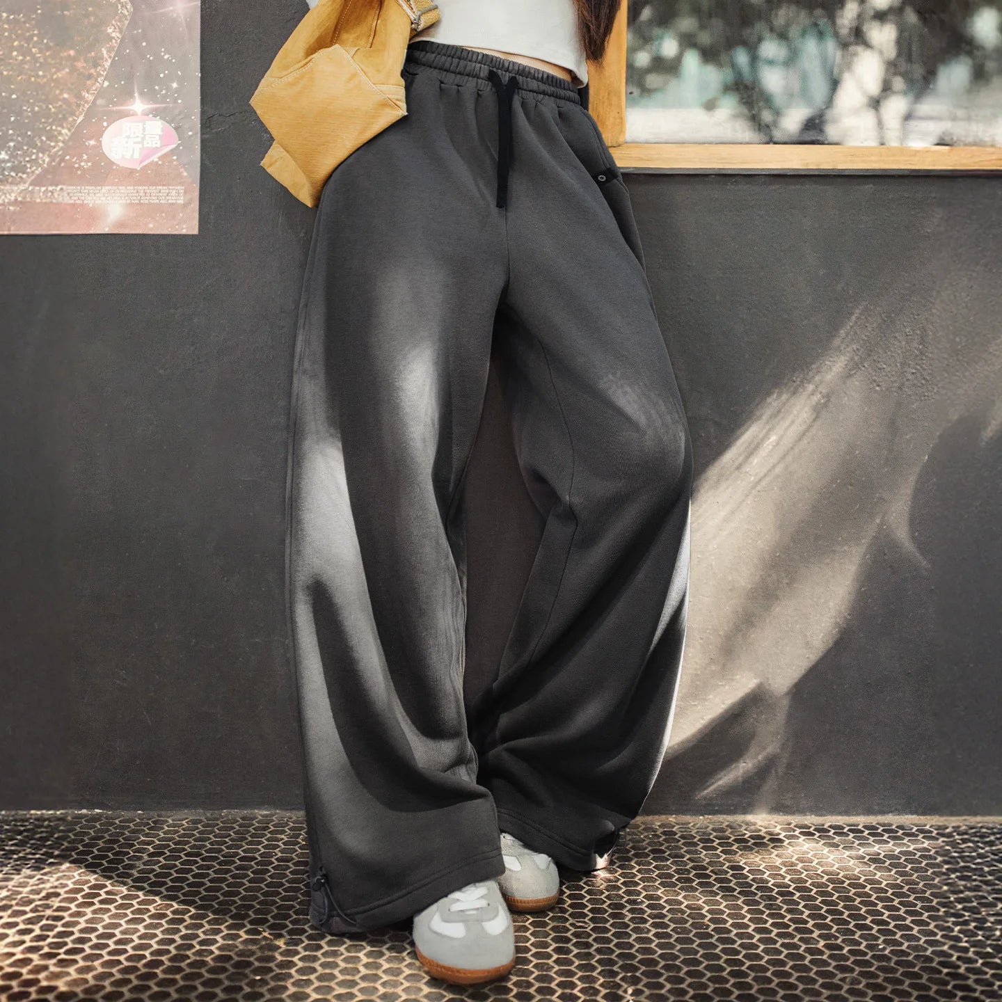MADEN Damen-Jogginghose mit weitem Bein, lockere Passform, lange Hose, lässige Pendlerhose, Strickbaumwolle, verstellbarer Saum, Herbst/Winter 