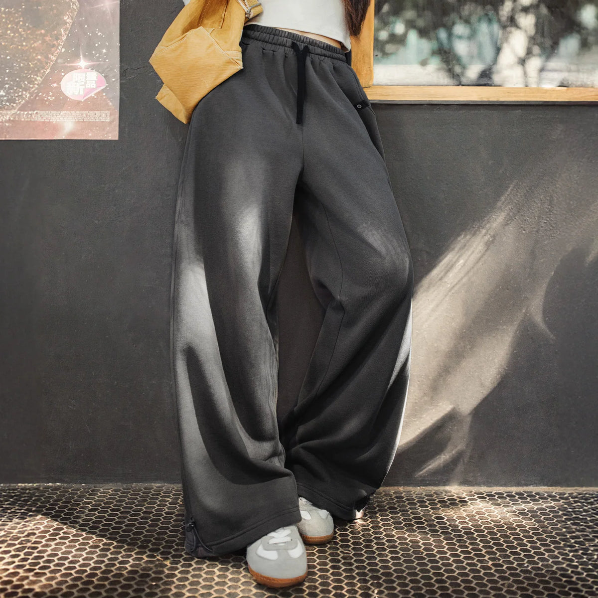 MADEN Damen-Jogginghose mit weitem Bein, lockere Passform, lange Hose, lässige Pendlerhose, Strickbaumwolle, verstellbarer Saum, Herbst/Winter 