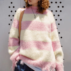 MADEN Women's Korean Style Pink Striped Knit Sweater Mock Neck Soft Fluffy Loose Fit Pullover Warm  Autumn Winter Top