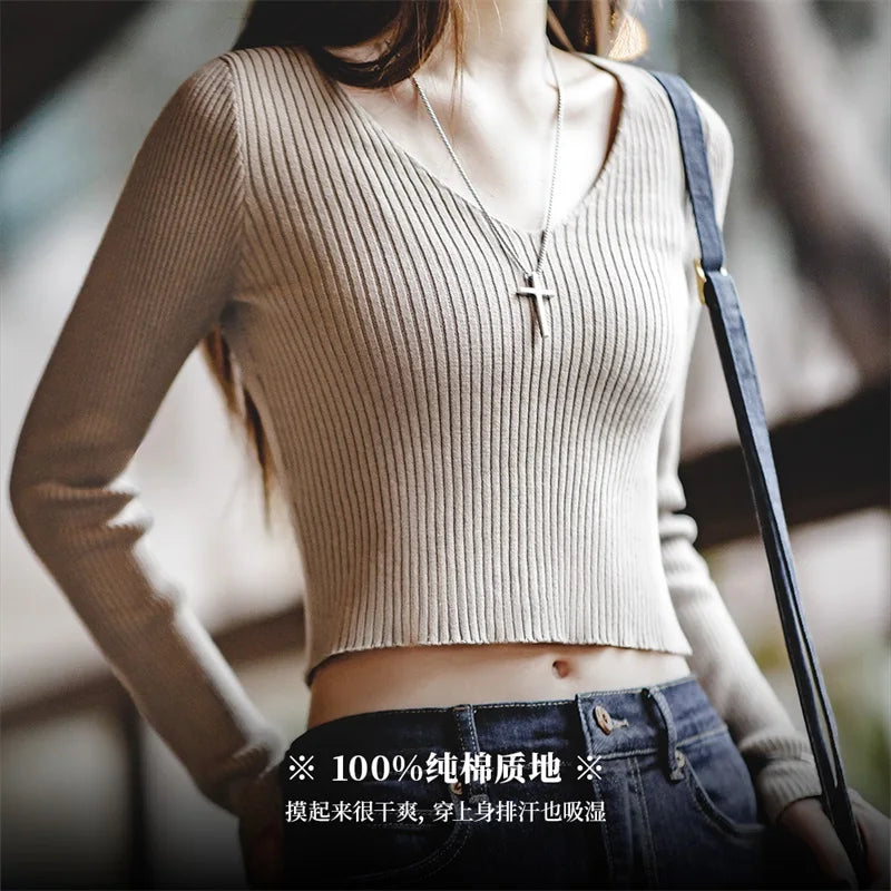 MADEN Damen Baumwoll V-Ausschnitt Strickpullover - 100% Baumwolle