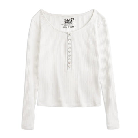 MADEN Damen-Henley-Top mit Rippstrick – Schmal geschnittenes Langarmshirt zum Drunterziehen 