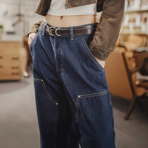 MADEN Men’s 10.5oz Denim Workwear Jeans Straight-Leg Casual Pants with Twill Texture YKK Zipper Suede Leather Patch Blue Trouse