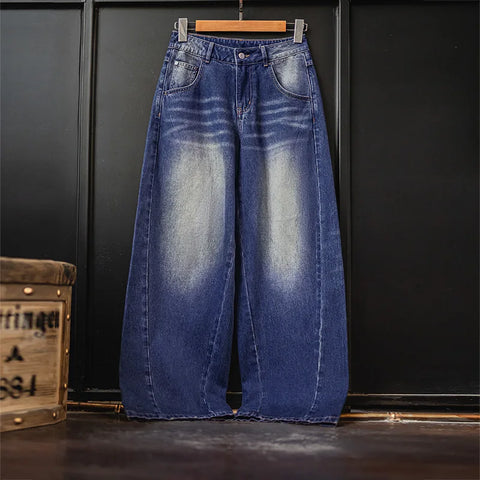 MADEN Women's Retro Loose Fit 10.5oz Washed Distressed Whisker Denim Jeans Casual Streetwear Fall Winter Pants