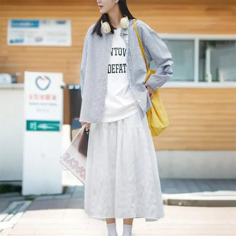 Váy dài phong cách Pháp thanh lịch dành cho nữ MADEN, eo cao co giãn, dáng chữ A, vải trắng có họa tiết sóng, váy midi xếp ly, phong cách thường ngày