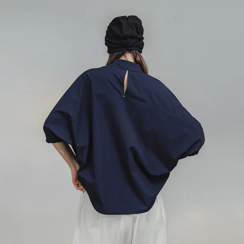 MADEN Damenbluse mit Fledermausärmeln, Stehkragen und lockerem Schnitt, Blau 