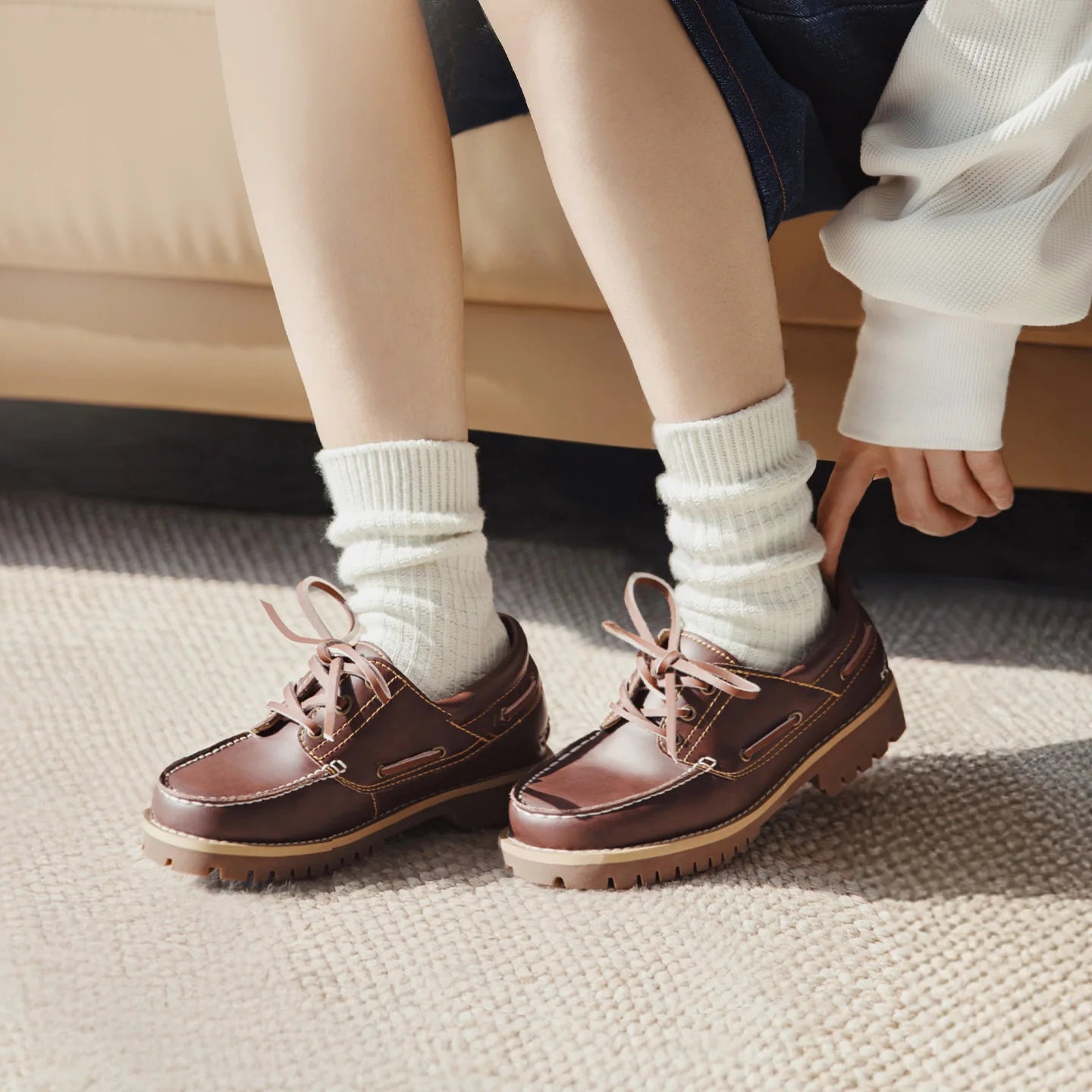 Mocassins Oxford en cuir pour femmes MADEN, marron vintage, bout rond, plats, à lacets, chaussures habillées décontractées printemps-automne 