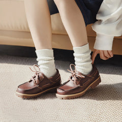 Mocassins Oxford en cuir pour femmes MADEN, marron vintage, bout rond, plats, à lacets, chaussures habillées décontractées printemps-automne 