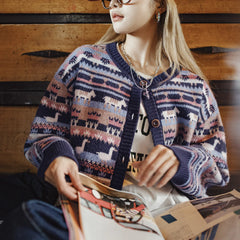 MADEN Fair Isle Knit Cardigan for Women Thick Warm Winter Sweater Coat Vintage Jacquard Pattern Loose Fit Knitwear