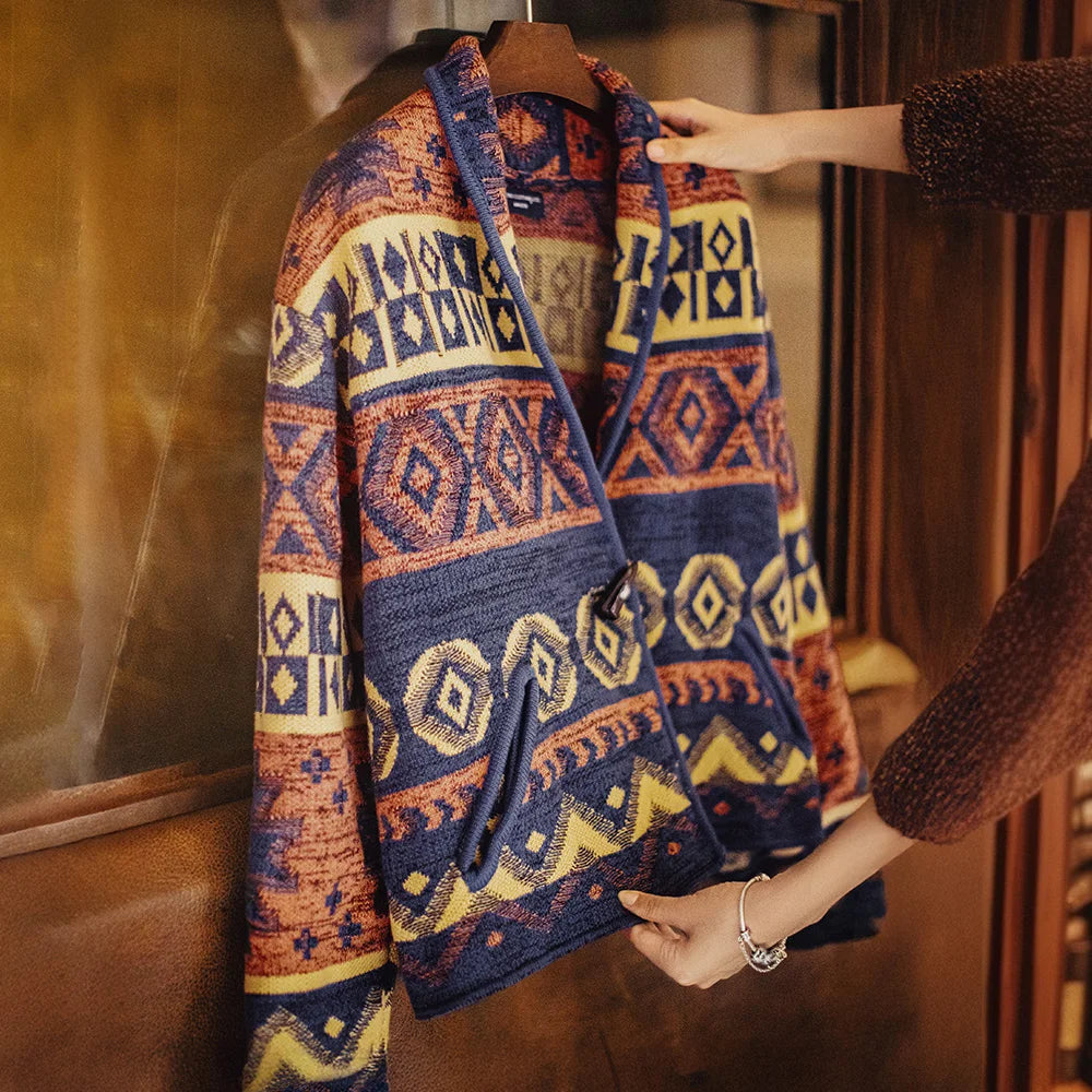 Chaqueta de punto vintage para mujer MADEN estilo Navajo con cierre de palanca, cuello en V, ajuste holgado, prenda de punto con diseño retro para otoño