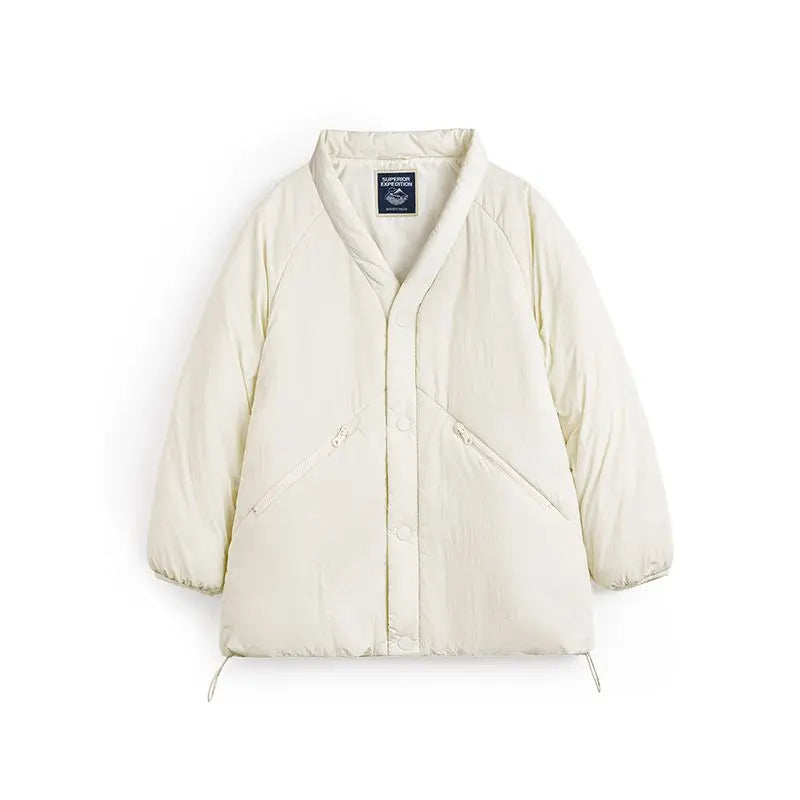 Áo khoác nữ MADEN màu trắng cổ chữ V, lót bông cotton, áo khoác ấm, đơn giản, cài nút một hàng, áo phao dày, áo ngoài cho mùa đông