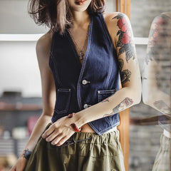 MADEN Débardeur en jean épais style vintage années 2000 pour femme, col V, sans manches, dos nu, bleu, sexy, idéal pour superposer les vêtements d'été. 