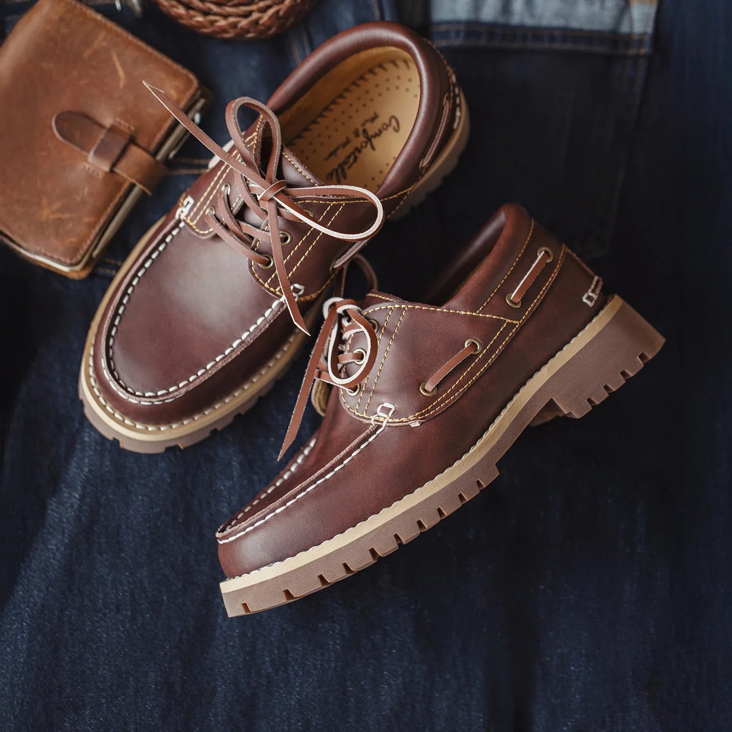 Mocassins Oxford en cuir pour femmes MADEN, marron vintage, bout rond, plats, à lacets, chaussures habillées décontractées printemps-automne 