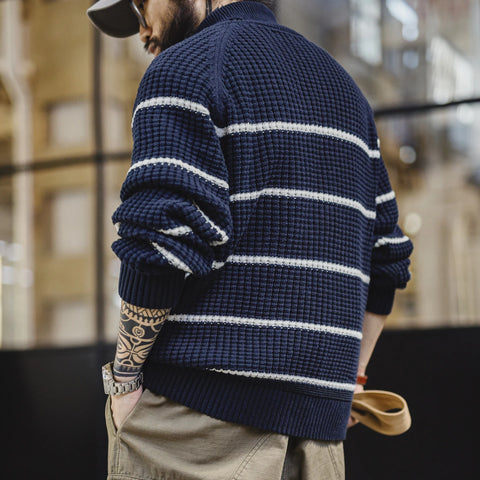 Áo len cổ lọ dày nam MADEN, áo len dệt kim ấm áp mùa đông, áo chui đầu sọc, phong cách cổ điển, lớp áo mềm mại