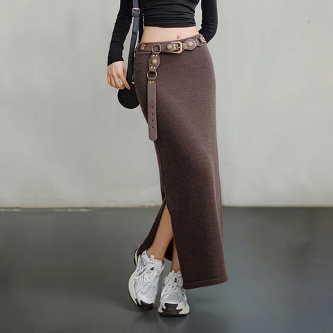 MADEN Retro Knitted Skirt Solid Color Slit Fit with Single-side Slit Versatile A - line Skirt for Women's Autumn and Winter