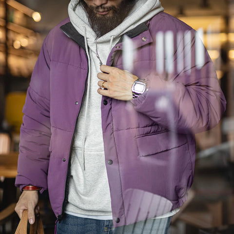 MADEN Vintage Men's Reversible Thermal Jacket Water-Repellent Heavyweight Cotton Stand Collar Short Coat for Autumn Winter