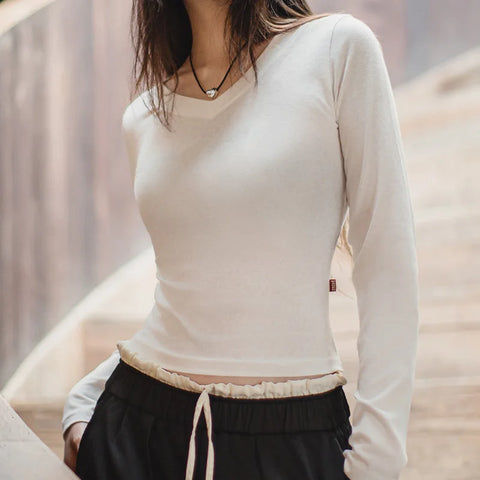 마덴 여성용 브이넥 슬림핏 면 니트 긴소매 티셔츠 가을 겨울 겹쳐 입기 기본 속옷 풀오버