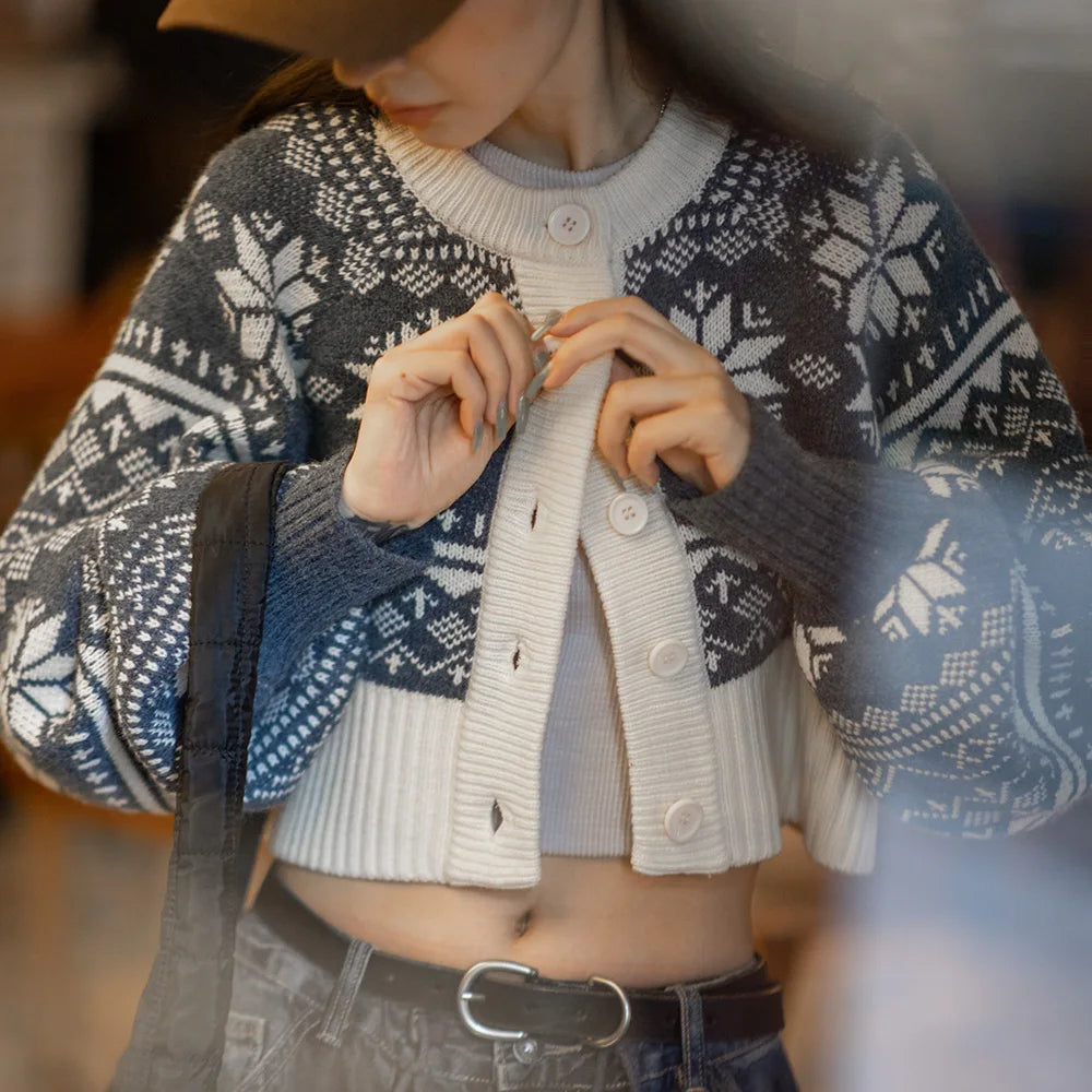 Cárdigan de punto estilo Fair Isle para mujer MADEN, suéter corto jacquard cálido de otoño e invierno, abrigo de manga larga para capas