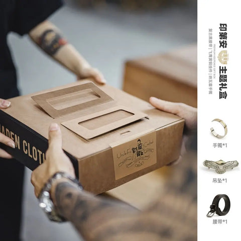 Maden Vintage Geschenkset: Schwarzer Echtledergürtel, Navajo-Armreif, offenes Armband, Anhänger mit Adler-Indianerkette – das perfekte Geschenk für Ihre Liebste