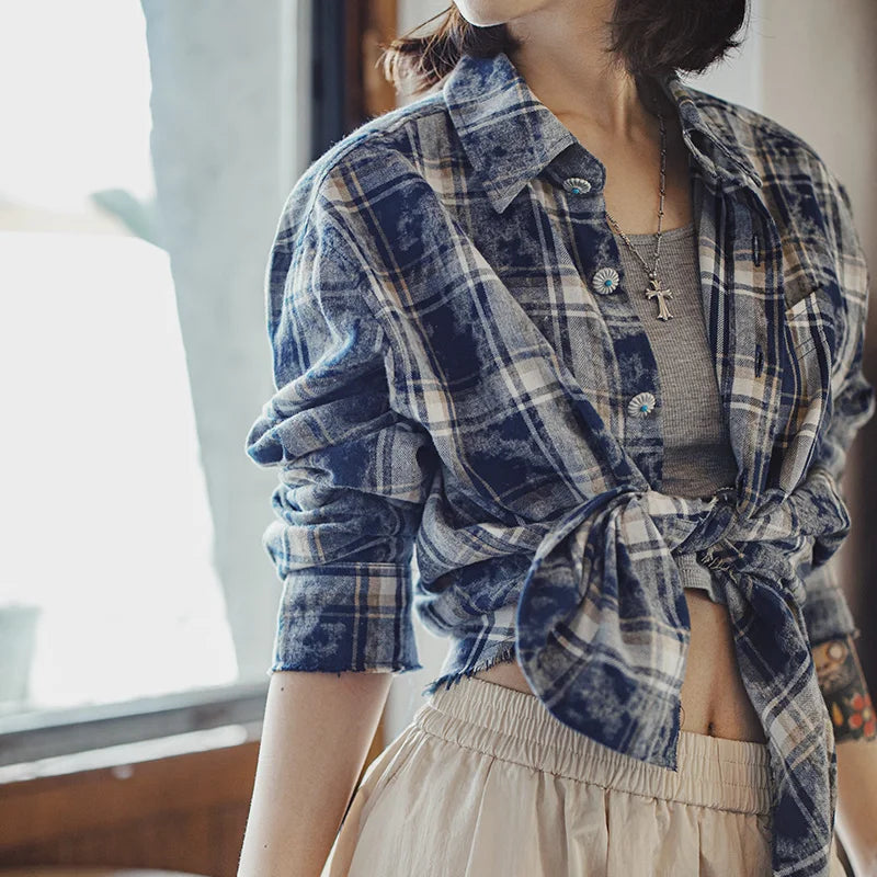 MADEN Damen Retro Flanell Langarm Kariertes Hemd 
