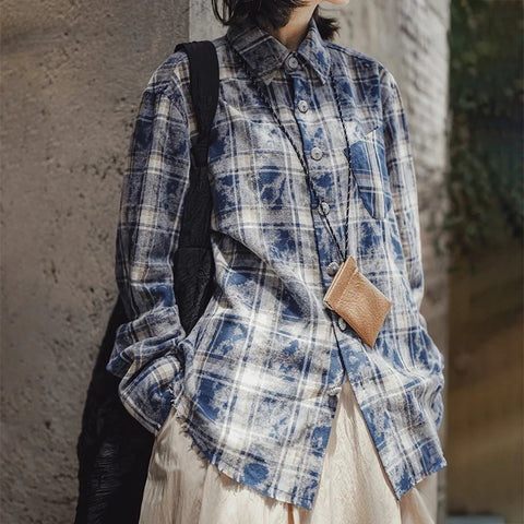 MADEN Damen Retro Flanell Langarm Kariertes Hemd 