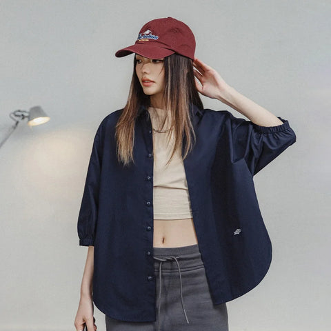 MADEN Damenbluse mit Fledermausärmeln, Stehkragen und lockerem Schnitt, Blau 