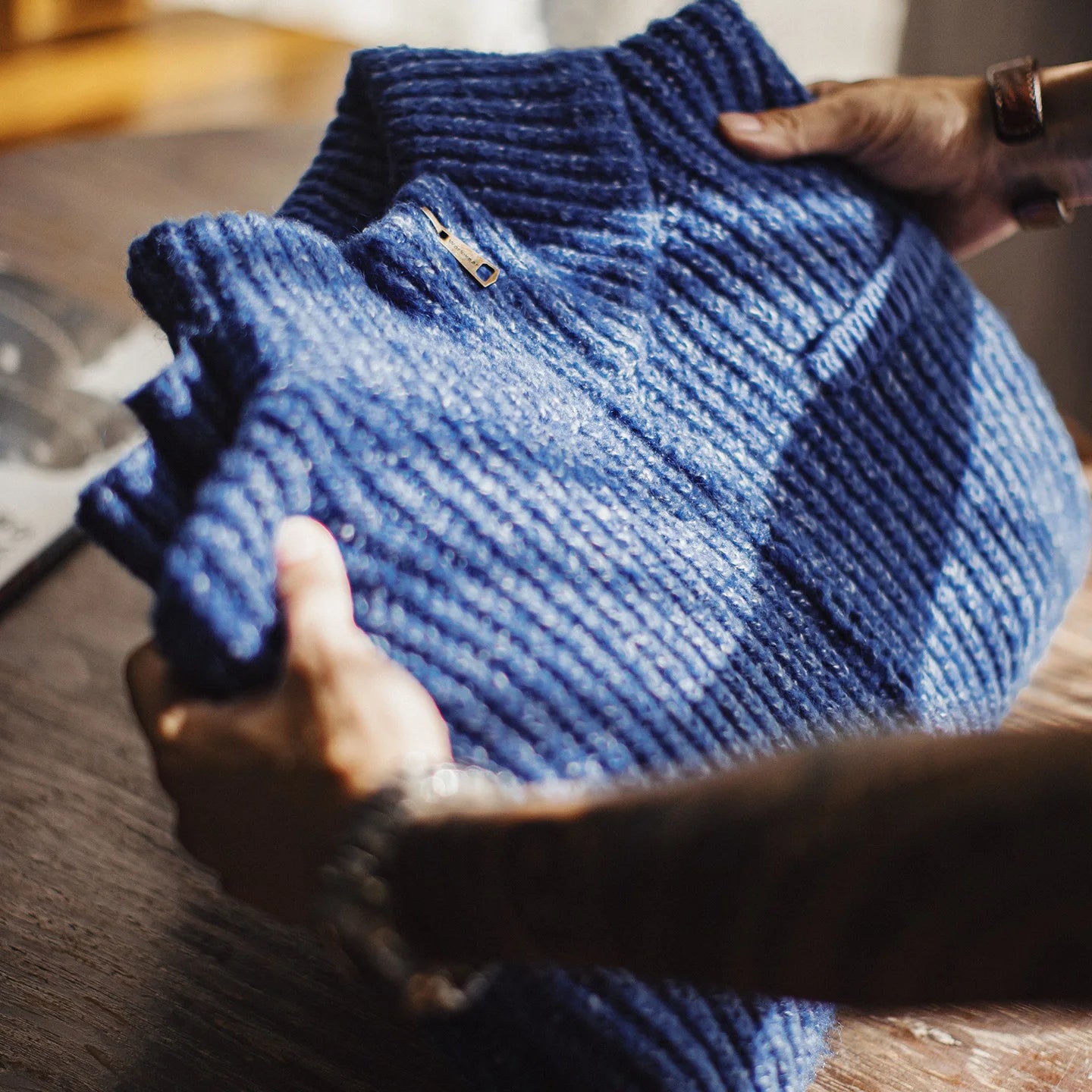 Suéter de punto azul MADEN para hombre con cuello alto, tejido grueso, cierre de cremallera, ropa exterior casual de otoño e invierno